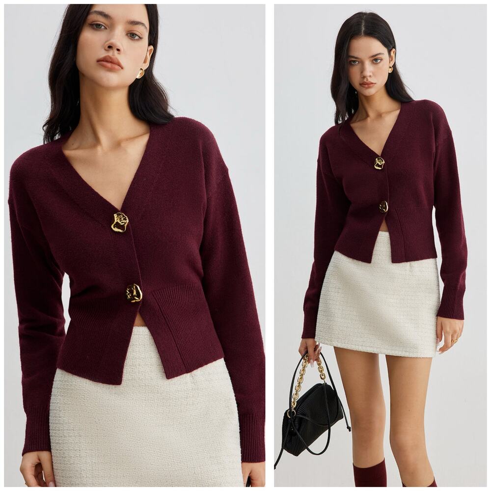 Commense Elegant Metal Button Short Cardigan Size XS Burgundy Cinched Waist Chic